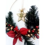 Χριστουγεννιάτικο στεφάνι μεταλλικό, πράσινο  με κόκκινα, χρυσά, berries,  χρυσό ξύλινο δεντρο, αλεξανδρινό, 30cm