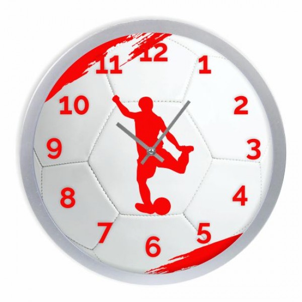 Ρολόι τοίχου  ΠΟΔΟΣΦΑΙΡΙΣΤΗΣ , άσπρο κόκκινο,  με ασημί πλαίσιο και τζάμι, πλαστικό - γυαλί,  30εκ