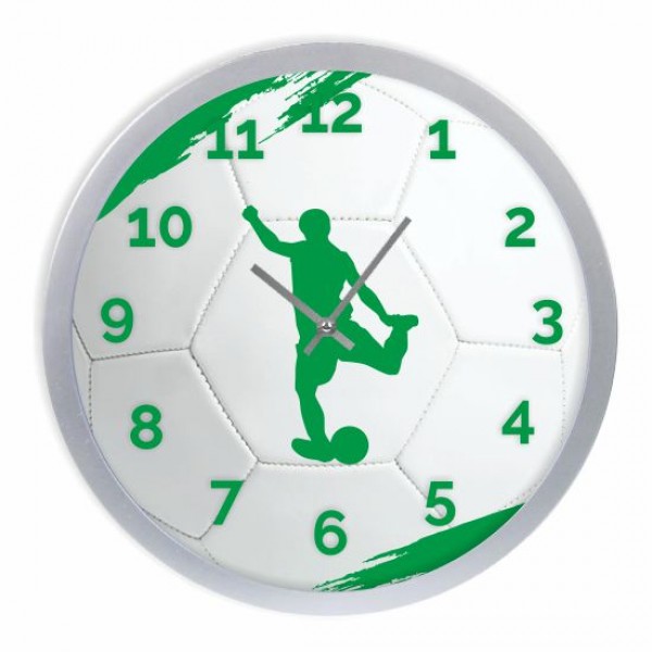 Ρολόι τοίχου  ΠΟΔΟΣΦΑΙΡΙΣΤΗΣ , άσπρο πράσινο,  με ασημί πλαίσιο και τζάμι, πλαστικό - γυαλί,  30εκ