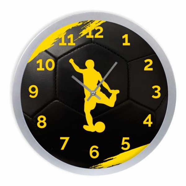 Ρολόι τοίχου  ΠΟΔΟΣΦΑΙΡΙΣΤΗΣ , μαύρο κίτρινο,  με ασημί πλαίσιο και τζάμι, πλαστικό - γυαλί,  30εκ